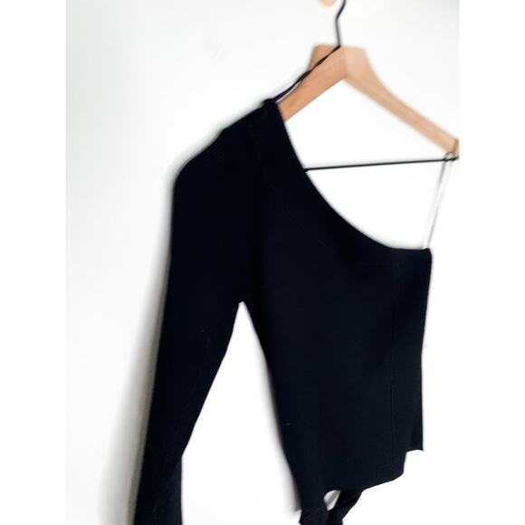 Zara Black Ribbed Knit One Sleeve Crop Top Medium Tie Side Balletcore - Picture 5 of 10